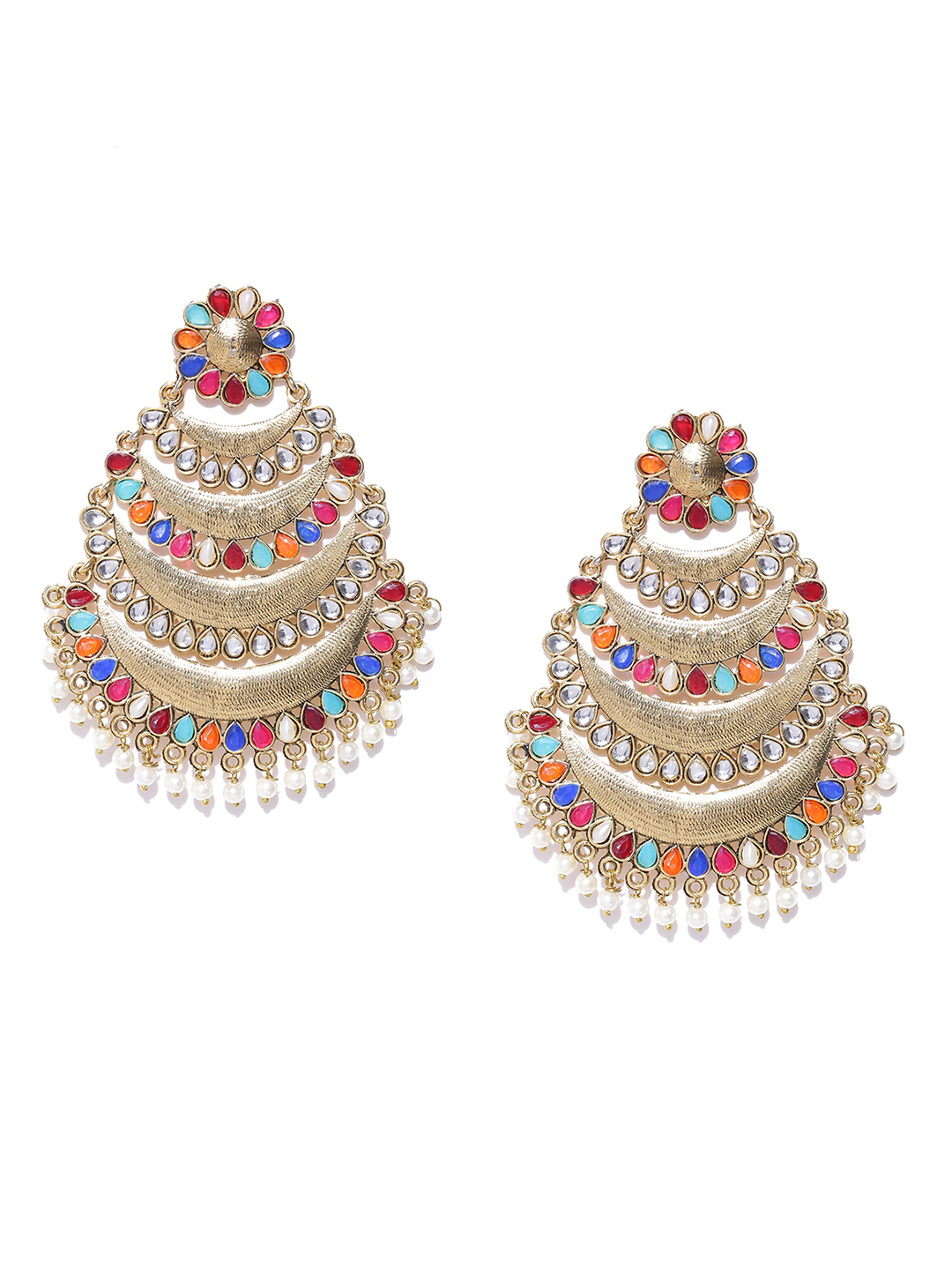 YouBella Multicoloured Gold-Plated Stone-Studded Beaded Chandbalis